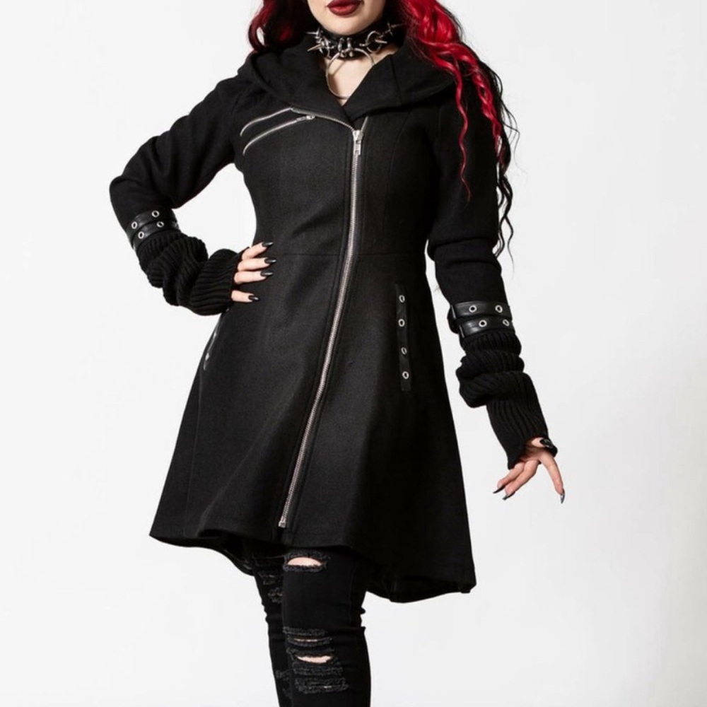 KillStar Black Hooded Lucretia Mixed Media Coat Size Large NWT